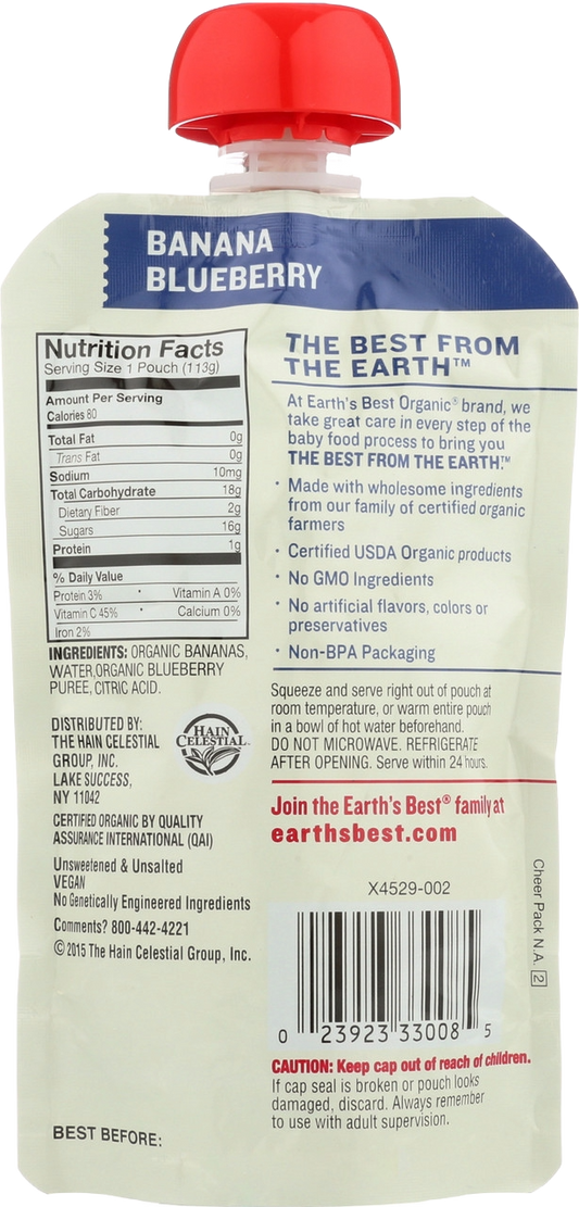 Earth's Best Puree Banana Blueberry Pouch - 6+Months (12x4OZ )