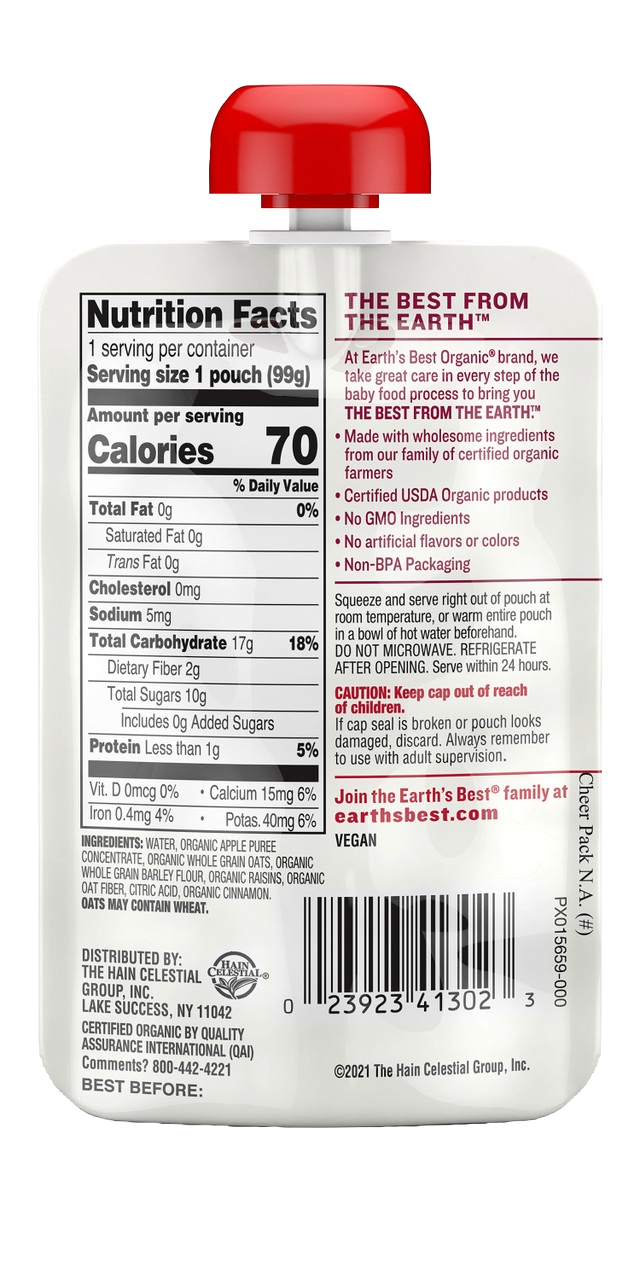 Earth's Best Organic Apple Raisin & Oat Pouch - 6+Months (12 pouches X 3.5 OZ)