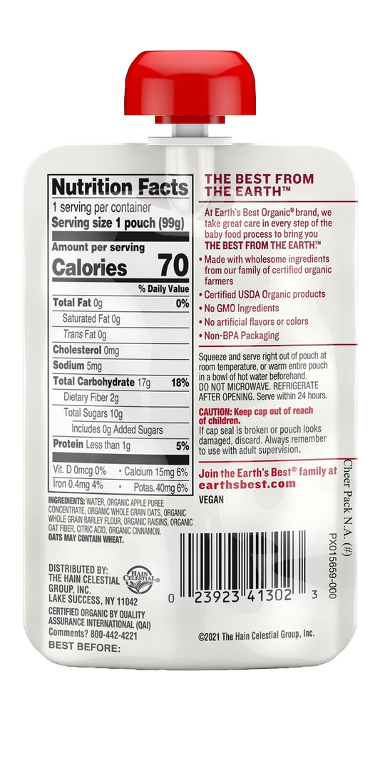 Earth's Best Organic Apple Raisin & Oat Pouch - 6+Months (12 pouches X 3.5 OZ)