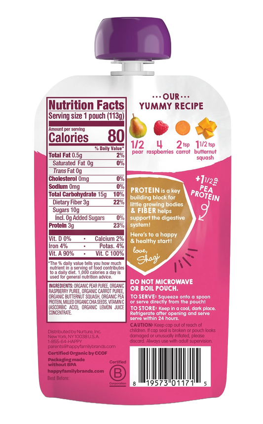 Happy Tot Fiber & Protein Pouch - Pear, Raspberry, Butternut Squash, Carrot (16 pouches x 4 OZ)
