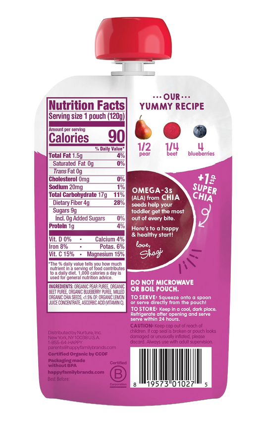 HappyTot Organic Super Foods Pouch - Pears, Beets, Blueberry, & Chia (16x4.22OZ)