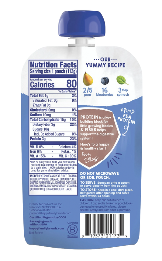 Happy Tot Organics Fiber & Protein, Pears, Blueberries and Spinach (16x4 OZ)