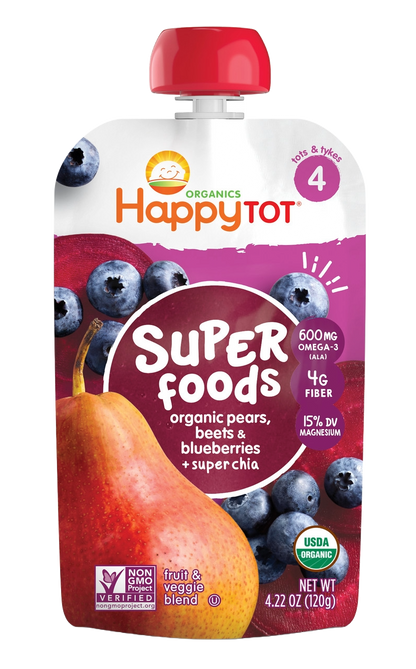 HappyTot Organic Super Foods Pouch - Pears, Beets, Blueberry, & Chia (16x4.22OZ)