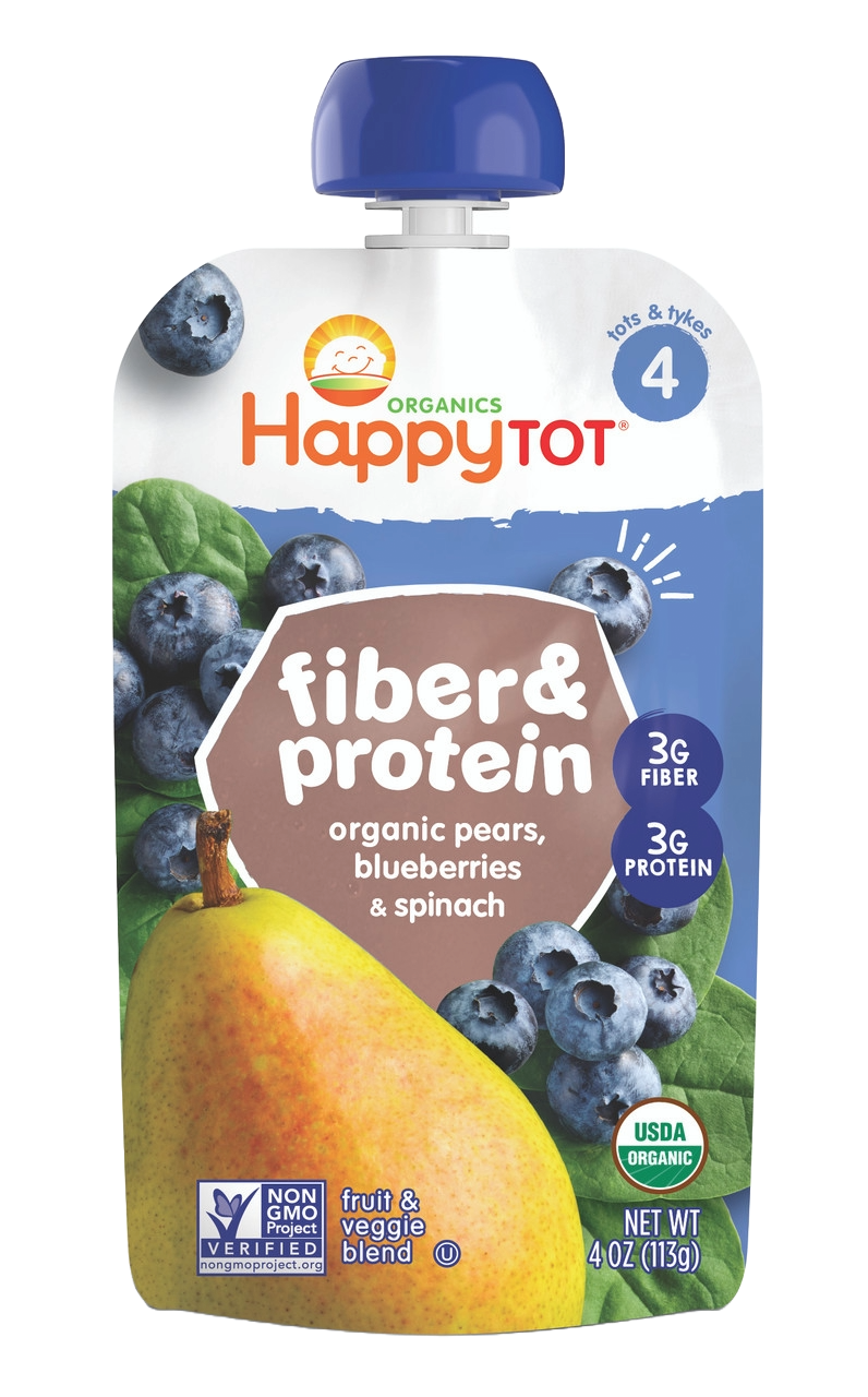 Happy Tot Organics Fiber & Protein, Pears, Blueberries and Spinach (16x4 OZ)