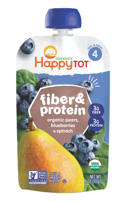 Happy Tot Organics Fiber & Protein, Pears, Blueberries and Spinach (16x4 OZ)