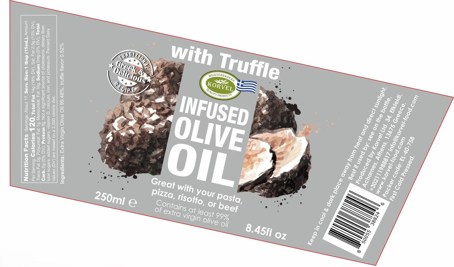 KORVEL Greek Extra Virgin Olive Oil with Truffle-flavored, Amphora 8.45 fl oz (250ml) - 2 pack