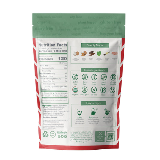 Bare Life Dairy Free Peppermint Hot Cocoa Mix | 10 Serving Stand Up Pouch | Gluten Free, Vegan, Organic