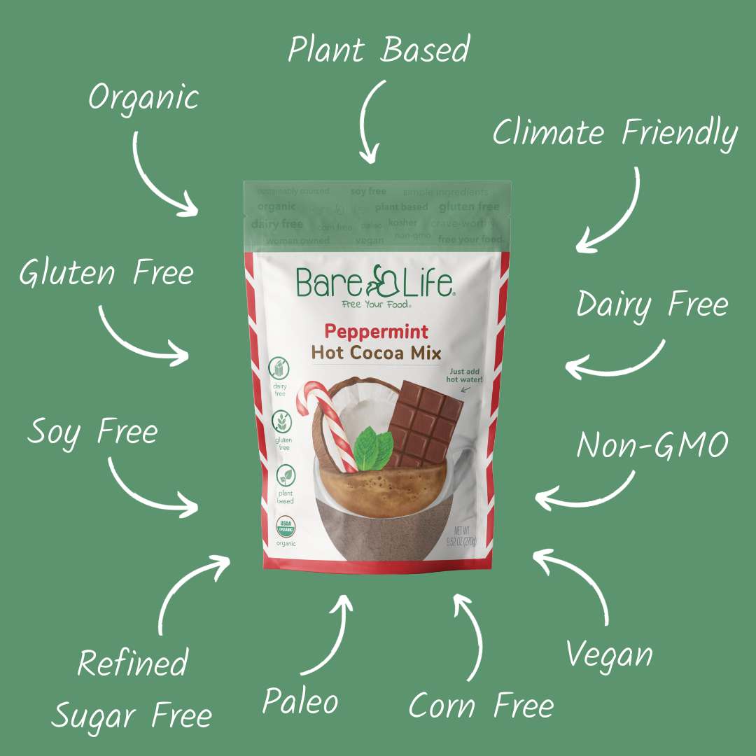 Bare Life Dairy Free Peppermint Hot Cocoa Mix | 10 Serving Stand Up Pouch | Gluten Free, Vegan, Organic