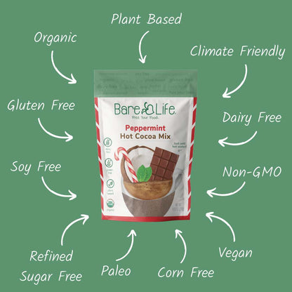 Bare Life Dairy Free Peppermint Hot Cocoa Mix | 10 Serving Stand Up Pouch | Gluten Free, Vegan, Organic