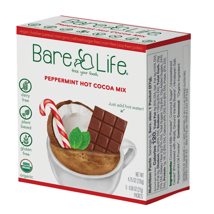 Bare Life Instant Dairy Free Peppermint Hot Cocoa Mix  | Single Serving 5 Pack |Gluten Free, Vegan and Organic
