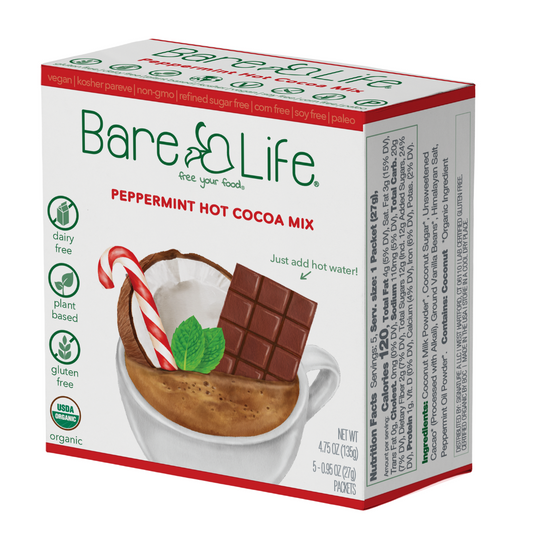 Bare Life Instant Dairy Free Peppermint Hot Cocoa Mix  | Single Serving 5 Pack |Gluten Free, Vegan and Organic