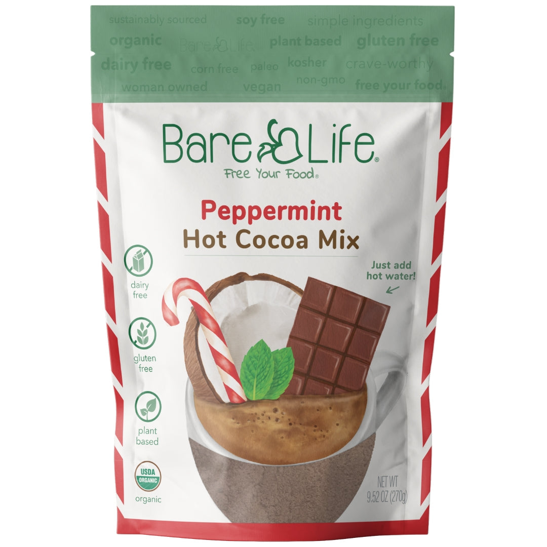 Bare Life Dairy Free Peppermint Hot Cocoa Mix | 10 Serving Stand Up Pouch | Gluten Free, Vegan, Organic