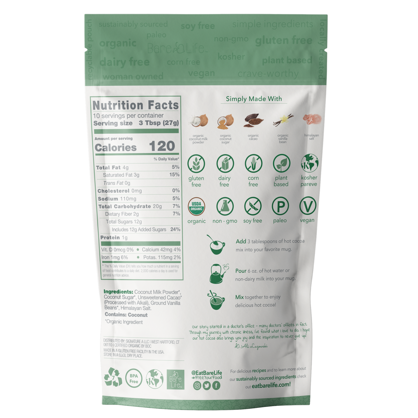 Bare Life Instant Dairy Free Coconut Hot Cocoa Mix  |  10 Serving Pouch | Gluten Free, Vegan and Organic