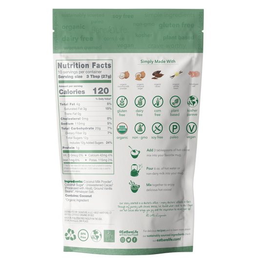 Bare Life Instant Dairy Free Coconut Hot Cocoa Mix  |  10 Serving Pouch | Gluten Free, Vegan and Organic
