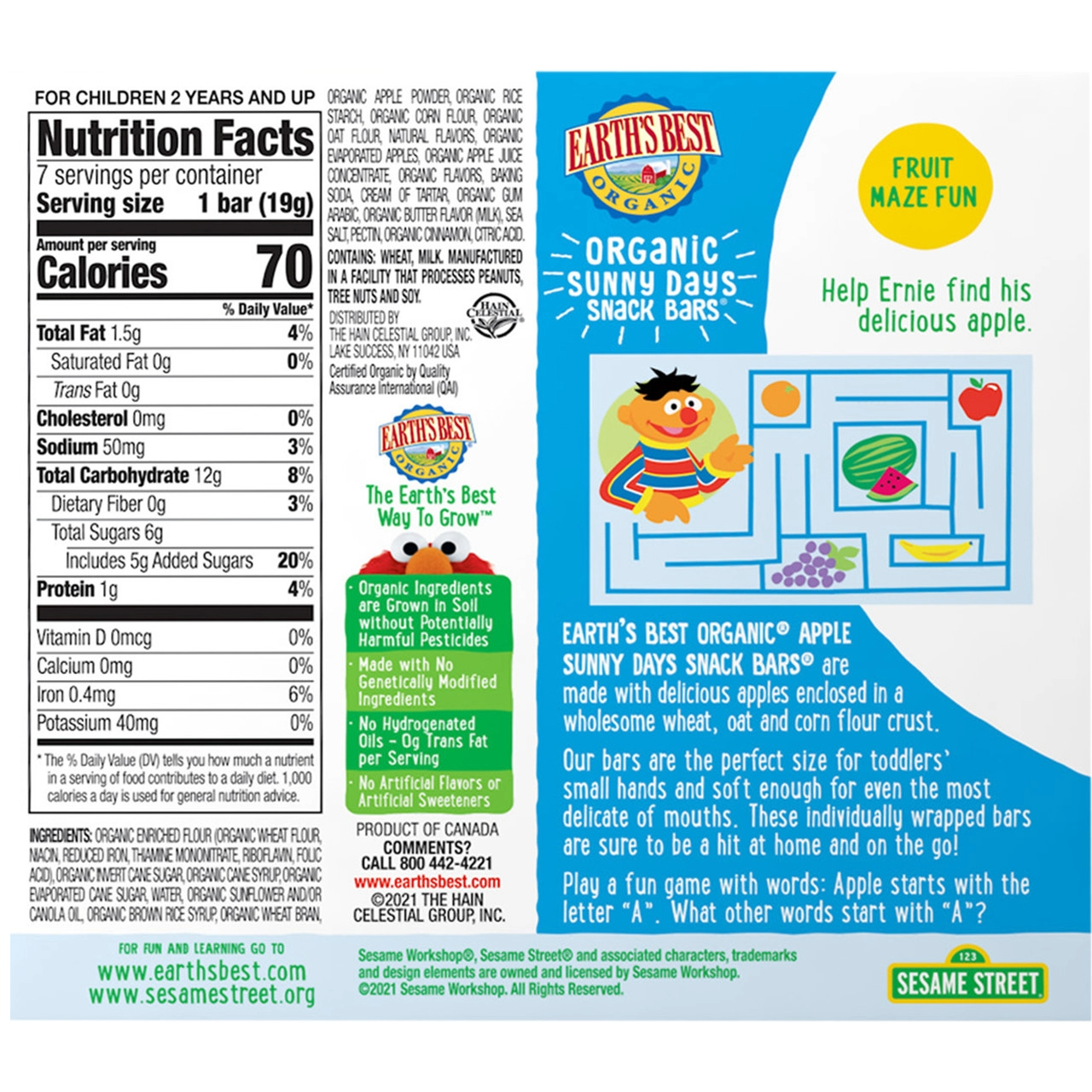 Earth's Best Organic Sunny Days Snack Bar Apple & other Flavors  (6 X 4.69 OZ)