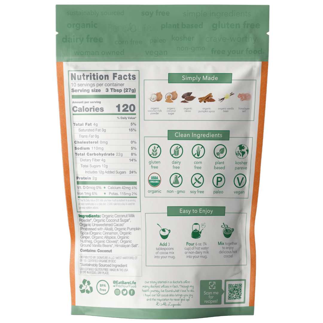 Bare Life Dairy Free Pumpkin Spice Hot Cocoa Mix | 10 Serving Stand Up Pouch | Gluten Free, Vegan, Organic