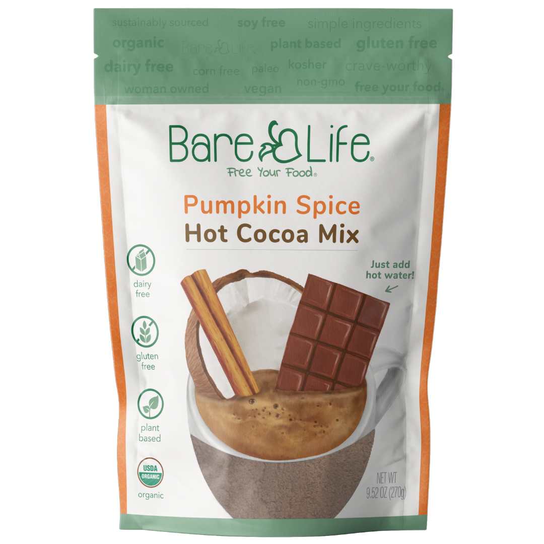 Bare Life Dairy Free Pumpkin Spice Hot Cocoa Mix | 10 Serving Stand Up Pouch | Gluten Free, Vegan, Organic