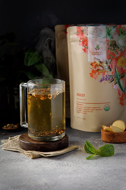 Digest Awake Loose Tea, Bloating & Stomach Ease - Ayurvedic Blend with Ginger & Peppermint - Herbal & Caffeine Free - Organic & Kosher