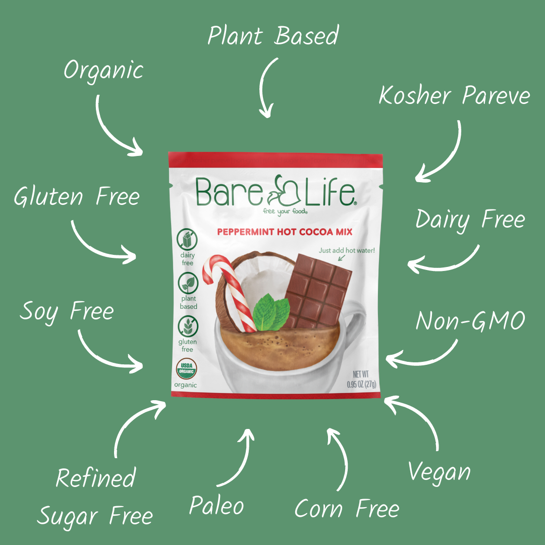 Bare Life Instant Dairy Free Peppermint Hot Cocoa Mix  | Single Serving 5 Pack |Gluten Free, Vegan and Organic