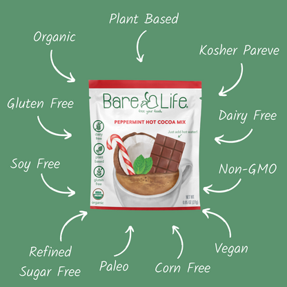 Bare Life Instant Dairy Free Peppermint Hot Cocoa Mix  | Single Serving 5 Pack |Gluten Free, Vegan and Organic