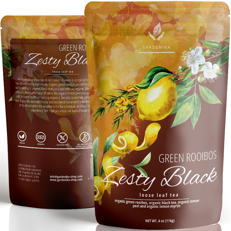 Green Rooibos Black Loose Tea, Energizing & Revitalizing Citrus Blend with Lemon Peel and Lemon Myrtle - Medium Caffeine - Organic & Kosher