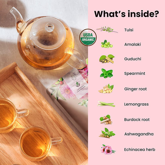 Immune Defense Loose Tea, Daily Wellness Support - Ayurvedic Blend with Echinacea & Ashwagandha - Herbal & Caffeine Free - Organic & Kosher