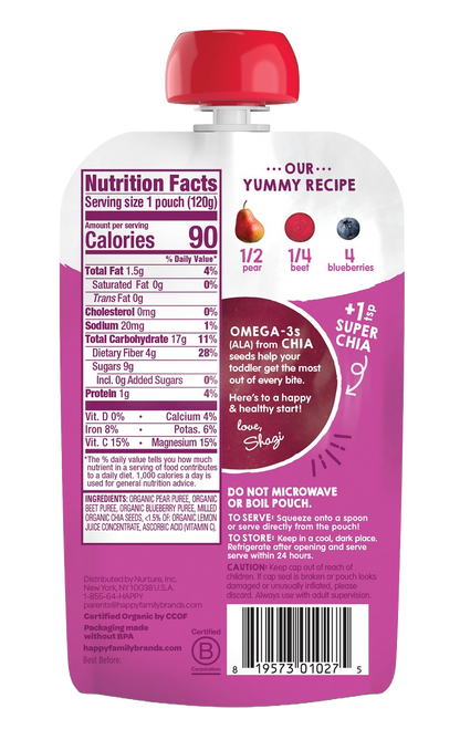 HappyTot Organic Super Foods Pouch - Pears, Beets, Blueberry, & Chia (16x4.22OZ)