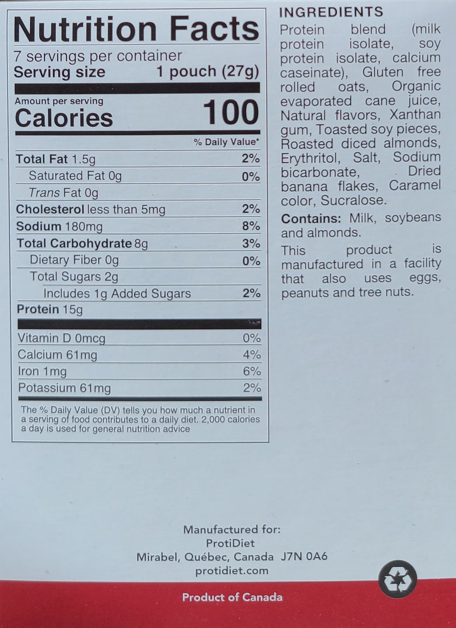 Banana Nut Oatmeal - ProtiDiet - Foods