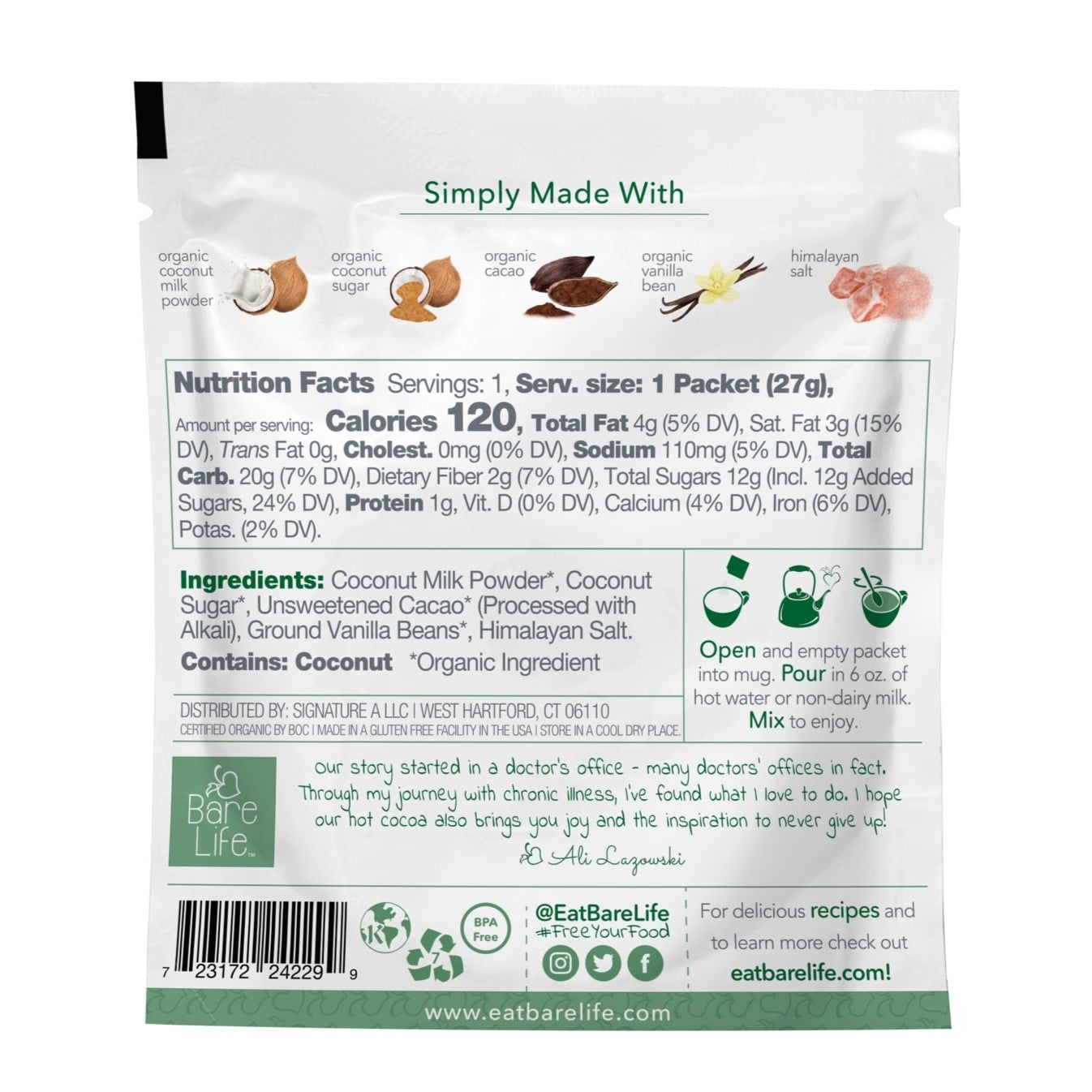 Bare Life Instant Dairy Free Coconut Hot Cocoa Mix | 20 Pack Single Serving |Gluten Free Vegan and Organic - Hot Cocoa