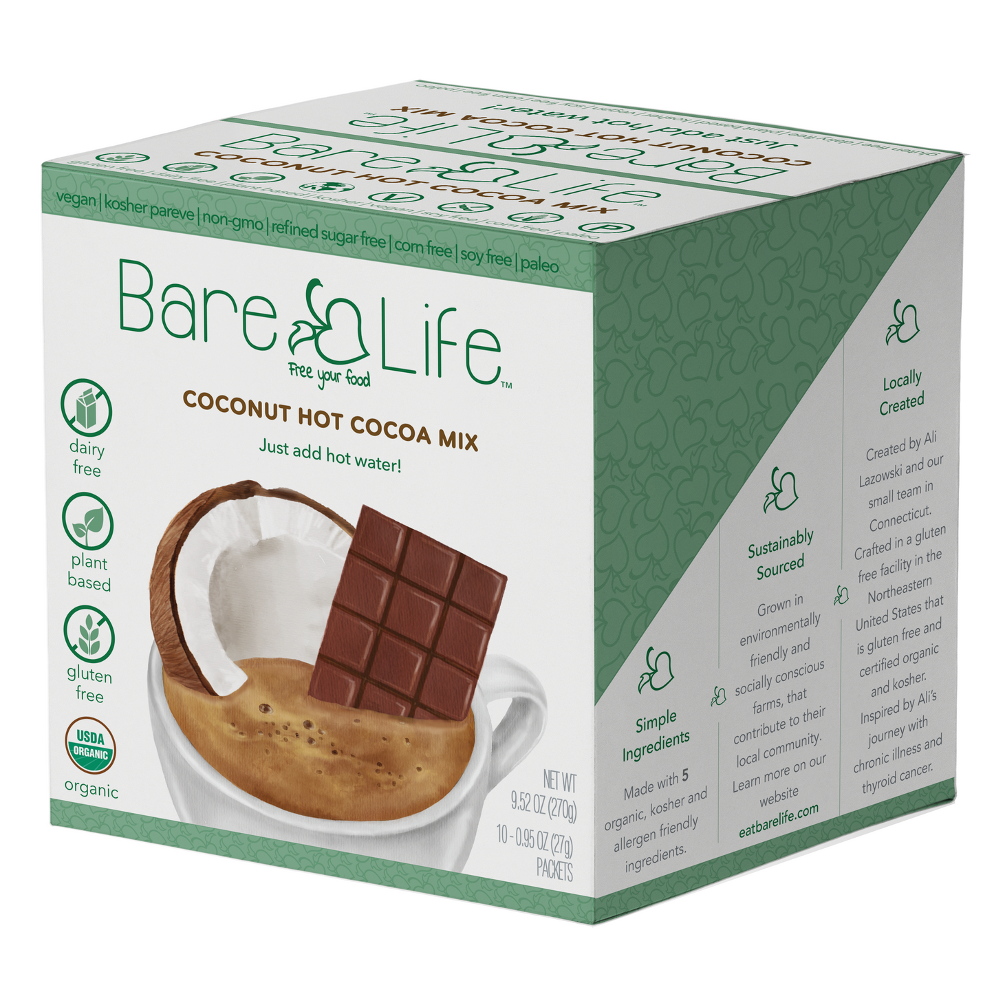 Bare Life Instant Dairy Free Coconut Hot Cocoa Mix | Single Serving 10 Pack |Gluten Free Vegan and Organic - Hot Cocoa