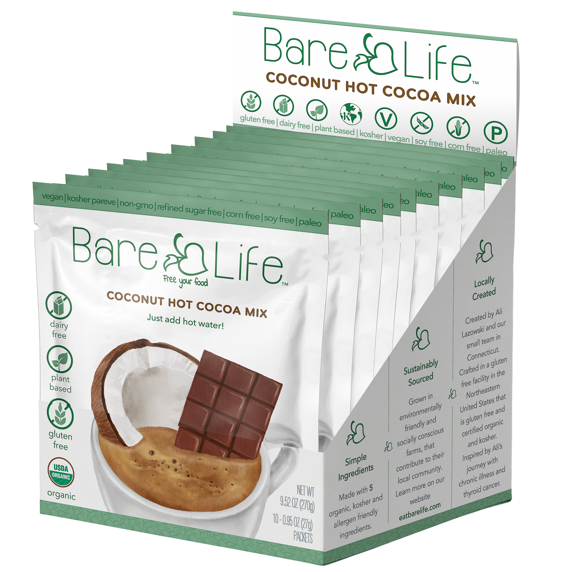 Bare Life Instant Dairy Free Coconut Hot Cocoa Mix | Single Serving 10 Pack |Gluten Free Vegan and Organic - Hot Cocoa