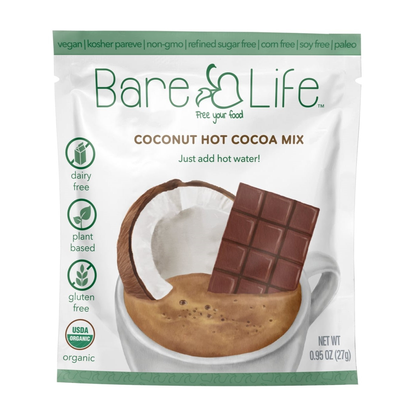 Bare Life Instant Dairy Free Coconut Hot Cocoa Mix | Single Serving 10 Pack |Gluten Free Vegan and Organic - Hot Cocoa