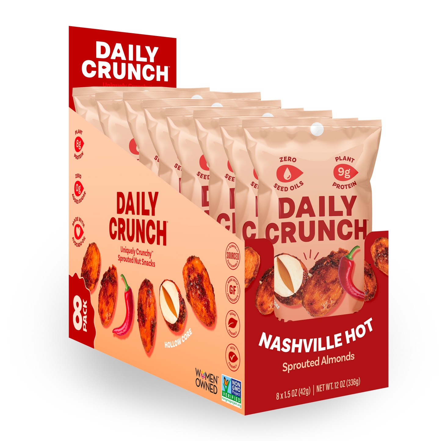 Daily Crunch Nashville Hot Flavor Sprouted Almonds - (Snack Pack) - 8 Pack - Nuts
