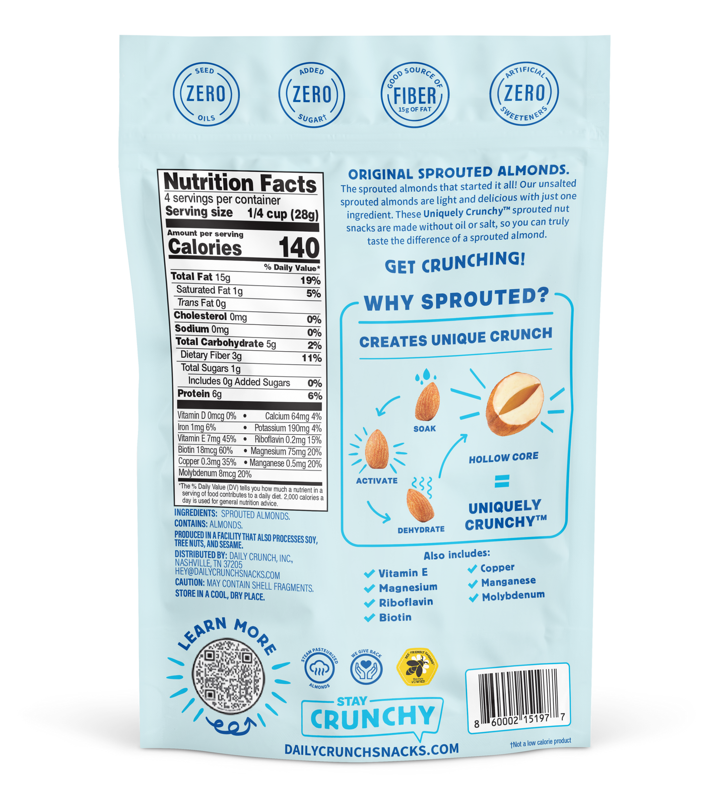 Daily Crunch Unsalted Sprouted Almonds - (Various Size Packs) - Nuts