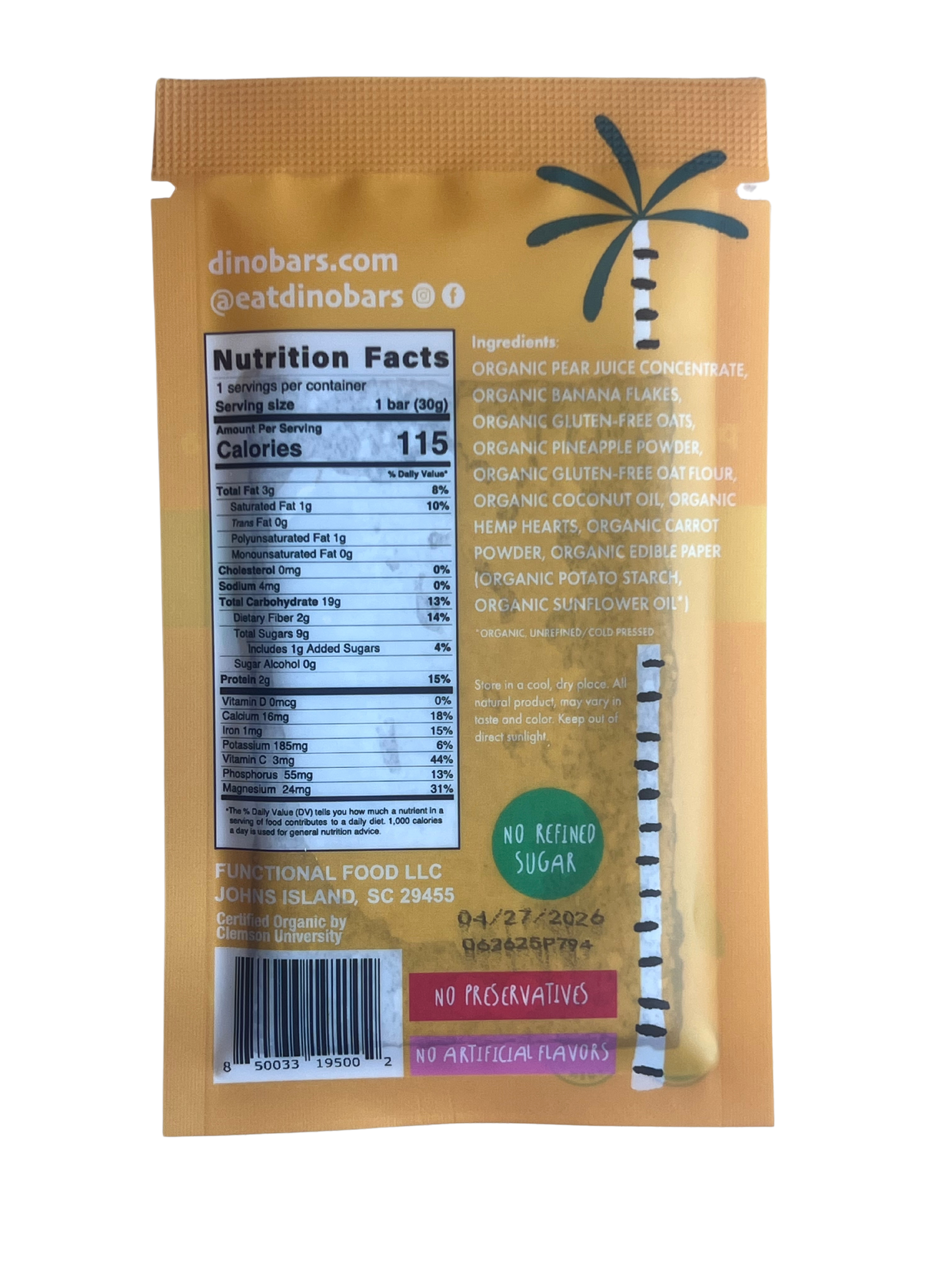 Dino Bar Pineapple Carrot Bar - (10 Pack) - 10 Bars - Fruit Bar
