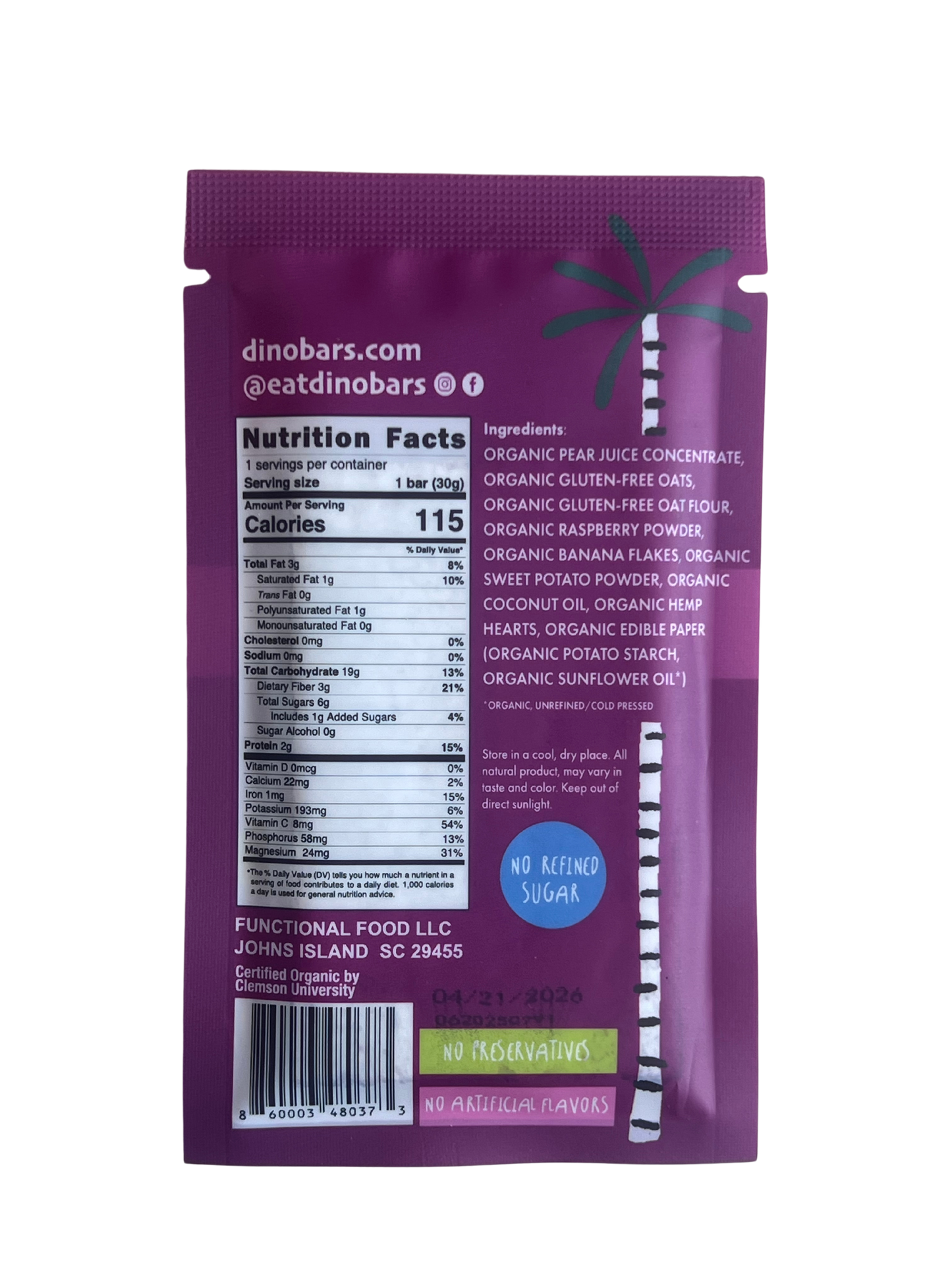Dino Bar Sweet Potato Raspberry Bar - (10 pack) - 10 Bars - Fruit Bar