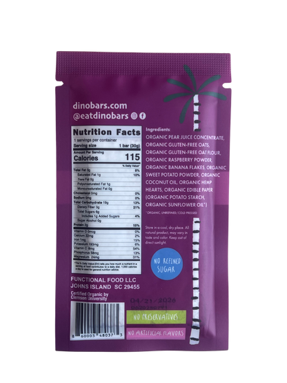 Dino Bar Sweet Potato Raspberry Bar - (10 pack) - 10 Bars - Fruit Bar