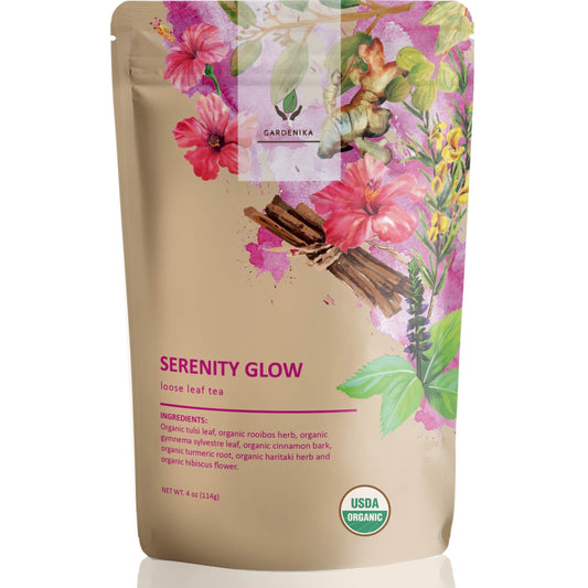 Serenity Glow Loose Tea, Metabolism Support - Ayurvedic Blend with Tulsi & Rooibos - Herbal & Caffeine Free - Organic & Kosher