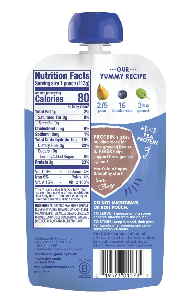Happy Tot Organics Fiber & Protein, Pears, Blueberries and Spinach (16x4 OZ)