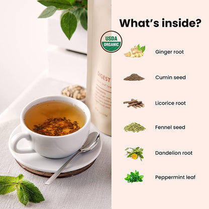 Digest Awake Loose Tea, Bloating & Stomach Ease - Ayurvedic Blend with Ginger & Peppermint - Herbal & Caffeine Free - Organic & Kosher