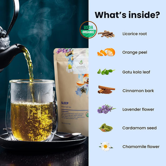 Sleep Calm Loose Tea, Evening Relaxation & Calm - Ayurvedic Blend with Chamomile - Lavender & Gotu Kola - Herbal & Caffeine Free - Organic & Kosher