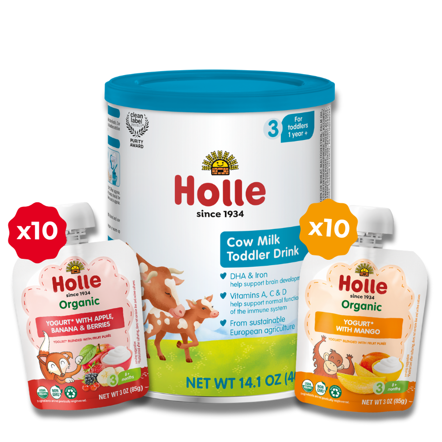 Holle Organic Strong Bones Bundle: Cow Milk Mango Yogurt Apple Banana Berries Yogurt - Baby Food