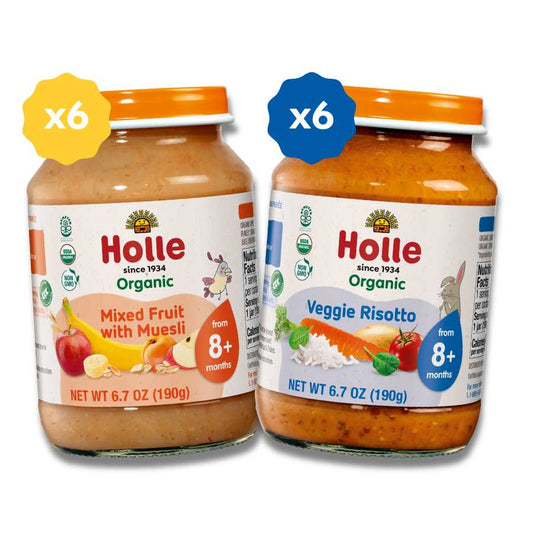 Holle Organic Sweet & Savory Jars Bundle: Mixed Fruit w/ Muesli Jars Veggie Risotto Jars - Baby Food