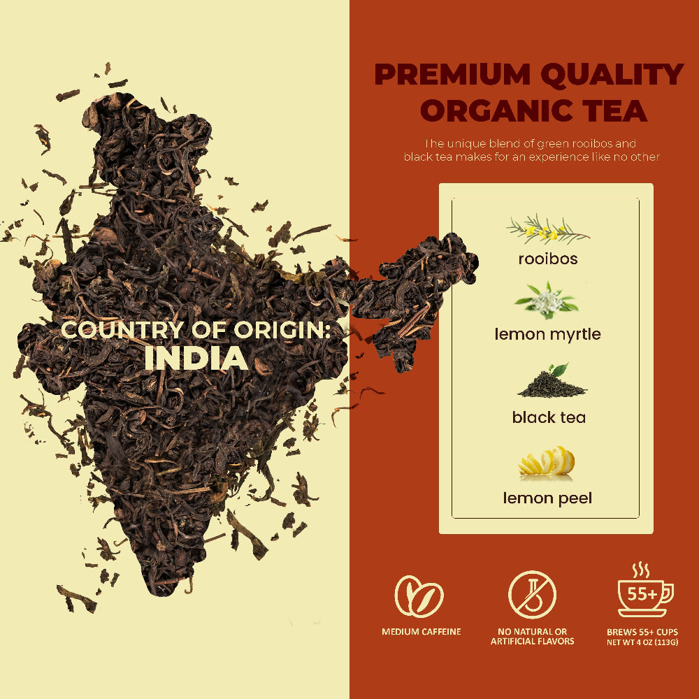 Green Rooibos Black Loose Tea, Energizing & Revitalizing Citrus Blend with Lemon Peel and Lemon Myrtle - Medium Caffeine - Organic & Kosher
