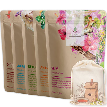 Organic Loose Leaf Tea Sampler, Caffeine-Free Herbal Assortment, 120+ Cups – 5 Pack