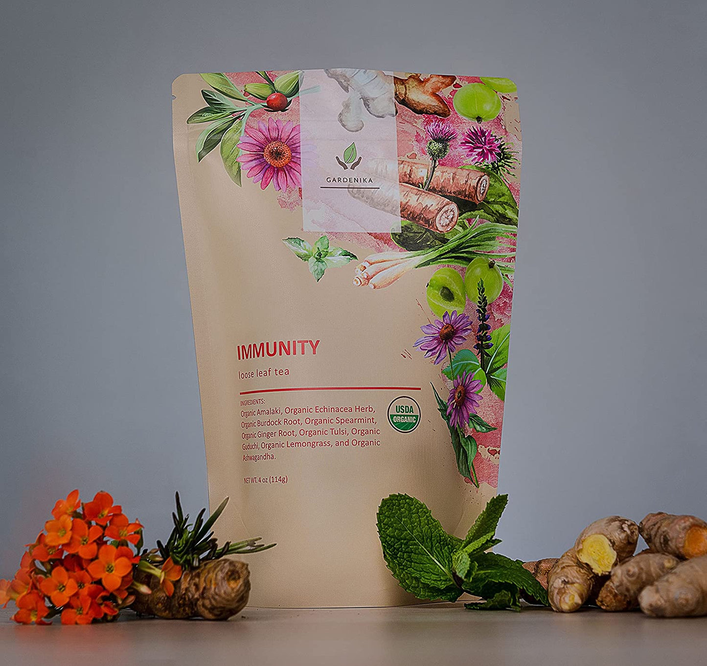 Immune Defense Loose Tea, Daily Wellness Support - Ayurvedic Blend with Echinacea & Ashwagandha - Herbal & Caffeine Free - Organic & Kosher