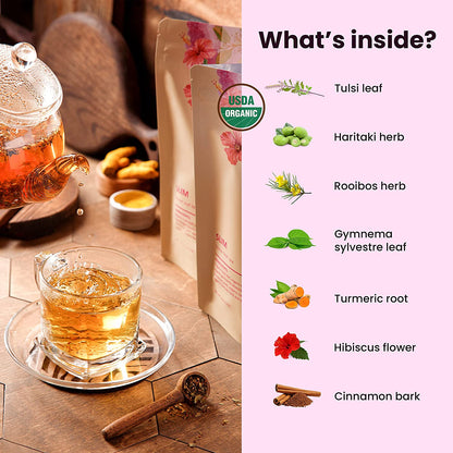 Serenity Glow Loose Tea, Metabolism Support - Ayurvedic Blend with Tulsi & Rooibos - Herbal & Caffeine Free - Organic & Kosher